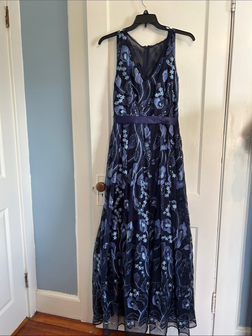 R&M Richards Navy Blue Floral Embroidered Special Occasion Maxi Dress 14W